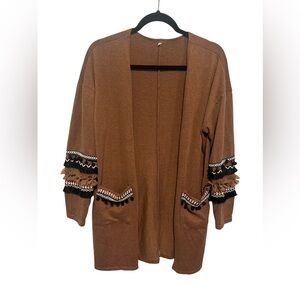 Boho Long Cardigan with Embellished Sleeves and Pockets